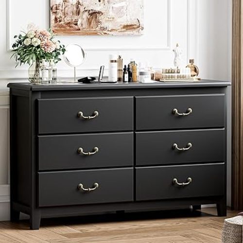 Black Dresser for Bedroom, Modern 6 Drawer Double Dresser with Vintage Gold Antique Handles, Wood Chest of Drawers for Bedroom Hallway, Antique Black