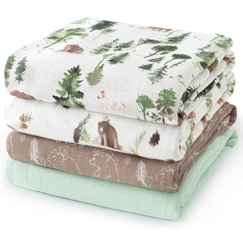 david's kids 4 Pack Baby Muslin Swaddle Blankets, 100% Cotton and Ultra Soft Breathable Receiving Blanket Wrap for Boys Girls, New Born Essentials, Large 47 x 47 inches, Woodland Animals/Green