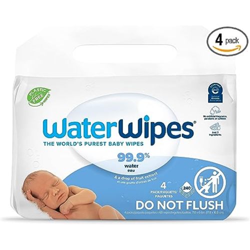 WaterWipes Plastic-Free Original Baby Wipes, 99.9% Water Based Wipes, Unscented & Hypoallergenic for Sensitive Skin, 240 Count (4 packs), Packaging May Vary - 60 Count (Pack of 4) - Baby Wipes Only