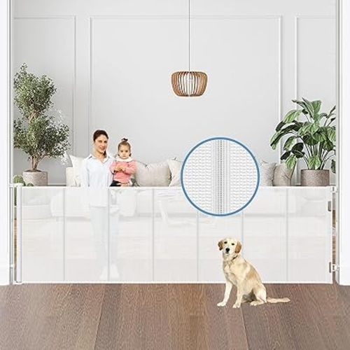 Reinforced 100” Wide Retractable Baby Gates Extra Wide Retractable Dog Gate with Support Rods, Upgrade Mesh Pet Gate to Prevent Crawling Through, Extra Long Retractable Gate for Indoor/Outdoor (White)