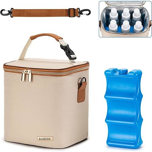 Breastmilk Cooler Bag with Ice Pack Fits 6 Baby Bottles Up to 9 Ounce, Baby Bottle Bag with Shoulder Strap for Nursing Mom Daycare, Cream