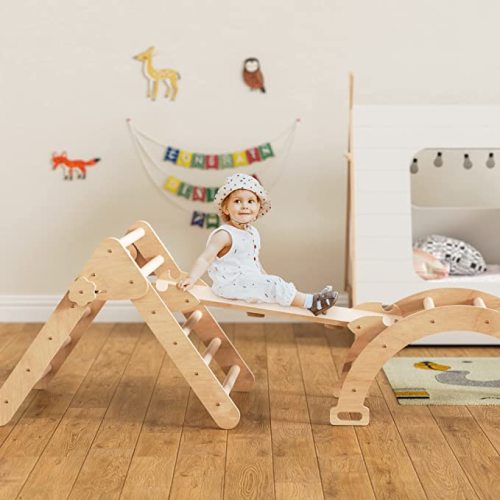 Cozy Castle 3 in 1 Wooden Climbing Toys for Toddlers, Foldable Pikler Triangle Climber with Ramp for Sliding or Climbing, Oak