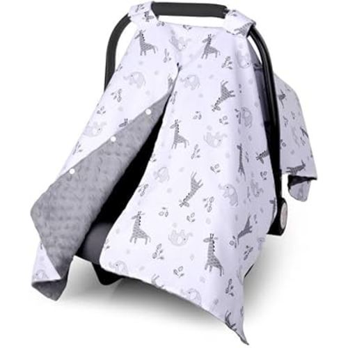 Metplus 2 in 1 Baby Car Seat Cover, Car Seat Canopy for Babies, Mom Nursing Cover, Minky Baby Carrier Covers, Newborn Boy Girl Shower Gift, Elephant Giraffe