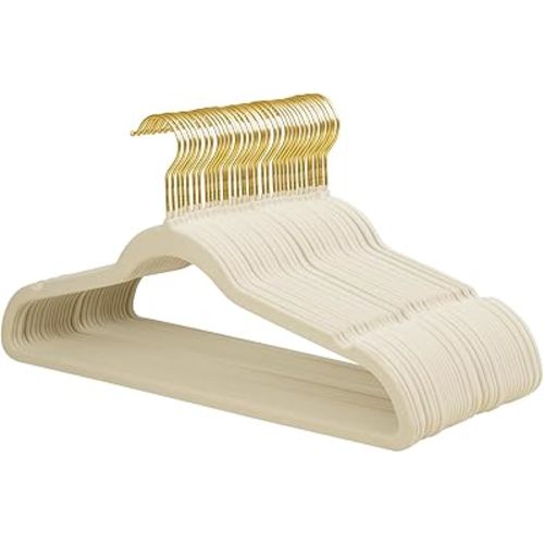 ManGotree Velvet Hangers, Coat & Suite Hangers, No-Slip Felt Hangers, Ultra-Slim Space Saving Hangers, Sturdy Clothes Hangers, 360° Swivel Golden-Plated Hook, 36 Pack (Beige)