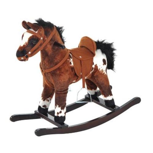 Qaba Kids Metal Plush Ride-on Rocking Horse Chair Toy With Realistic Sounds - Dark Brown/white