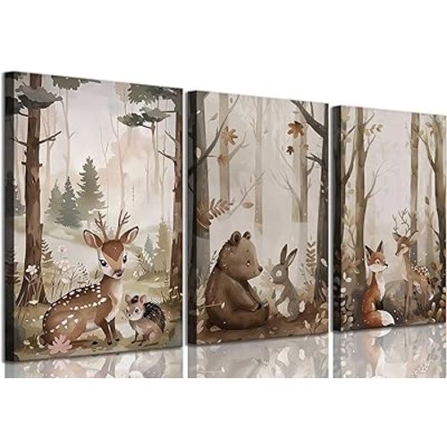 3Pcs Woodland Nursery Canvas Wall Art Cute Neutral Vintage Forest Wild Animals Bear Deer Fox Landscape Watercolor Painting Picture Wall Decor Poster Print Artwork for Baby Kids Room