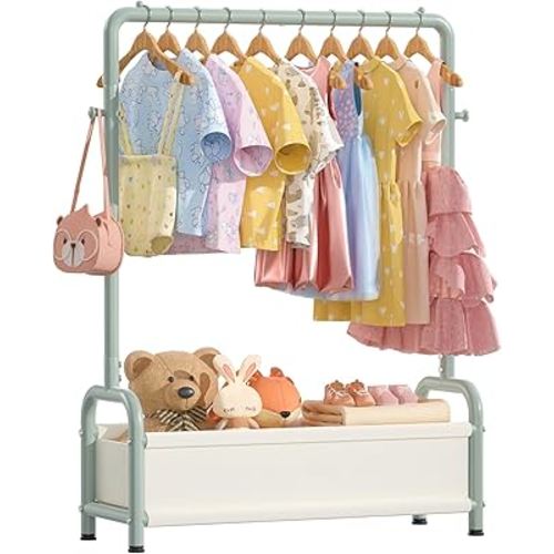 Kids Clothing Rack with Storage Shelf, Kids Dress Up Rack Storage for Coats, Small Baby Garment Rack for Hanging Clothes, Toddler Wardrobe Closet Organizer for Kids (Classic, Green)