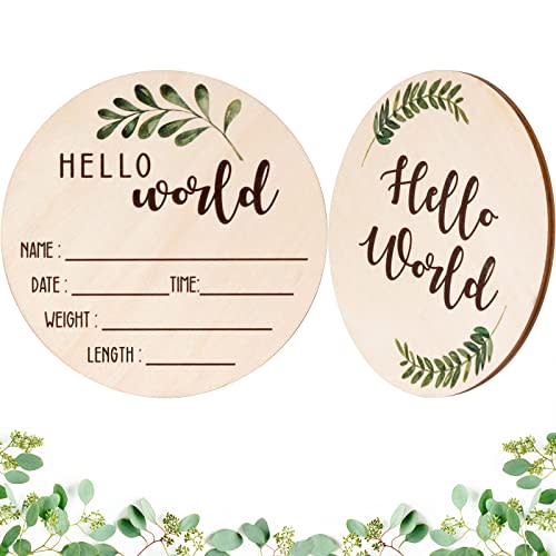 Baby Announcement Sign for Newborn - Beautiful Double-Sided Hello World Name Sign for Hospital Birth Announcement, The Perfect Round Wooden Welcome Baby Board for New Boy and Girl Gifts