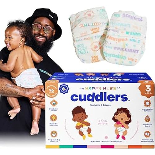 Happy Hues Cuddlers Disposable Diapers Size 3,16–28 lbs–Baby Diapers with Shea Butter, Wetness Indicator &Leak Protection–Ultra-Soft Unisex Newborn & Infant Diapers with Full Coverage,96 Count