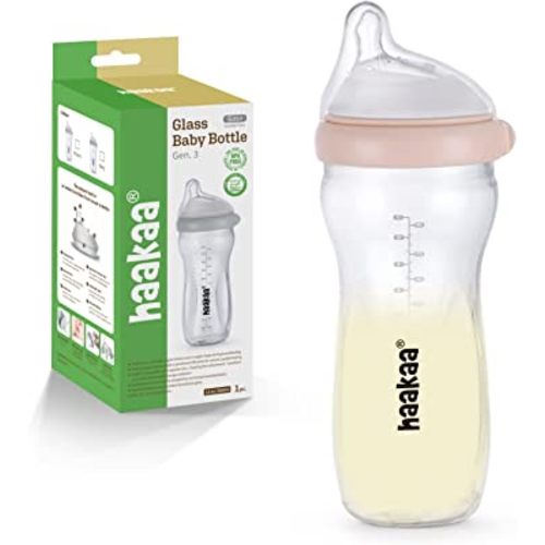 haakaa Gen.3 Natural Glass Baby Bottle 11oz/1PK - Wide Neck Anti-Colic Variable Flow Nipple,Easy to Clean & Latch for 6m+ Breastfeeding Baby Toddler,BPA-Free - Peach