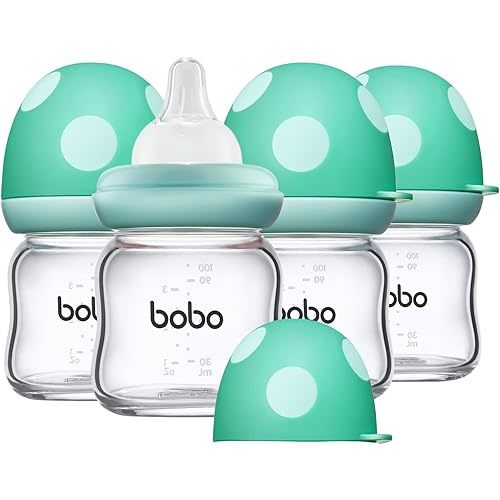 YOHKOH Natural Glass Baby Bottle with Natural Response Nipple, Newborn Anti-Colic Baby Bottles, Wide Neck Mushroom Cap Baby Bottle, Clear (3.4oz (Pack of 4), Blue)