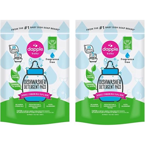 Dishwasher Detergent Pacs by Dapple Baby, 25 Count Pouch (Pack of 2), Fragrance Free, Plant Based & Hypoallergenic Dishwasher Pods - Removes Milk Residue & Odor - Dishes, Baby Bottles & Kitchenware - 25 Count (Pack of 2)