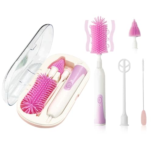 Electric Bottle Brush Set with Silicone Pacifier/Straw Brush and Mixing Head, Water Bottle Cleaner with Drying Rack, 2 Modes & 360 Rotation (Purple)