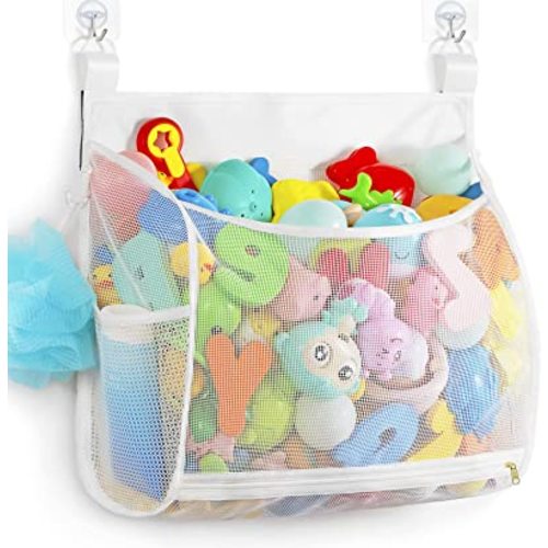 Baby Mesh Bath Toy Organizer, Multiple Ways to Hang, Ultra Large Capacity & Large Opening, Bathroom Toy Holder, Bath Toy Storage Bag With 2 Side Pockets (White)