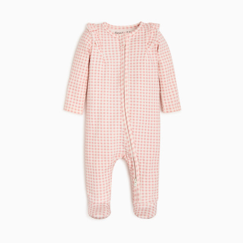 Tiny Kind Organic Ruffle Cotton Printed 2-Way Zip Footie - Pink Gingham, 0-3 M