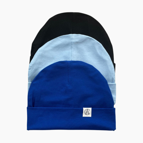 Aarin & Co. Newborn Satin Lined Jersey Beanie Gift Set - Black, Sapphire Blue, Light Blue, 0-3 M