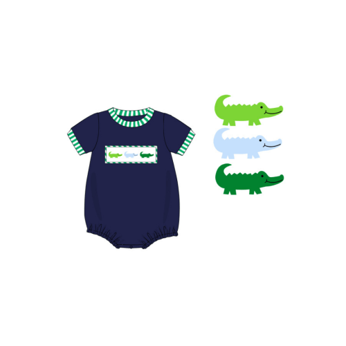 Pre-Order Smocked Crocodile Green Stripe/Navy Bubble
