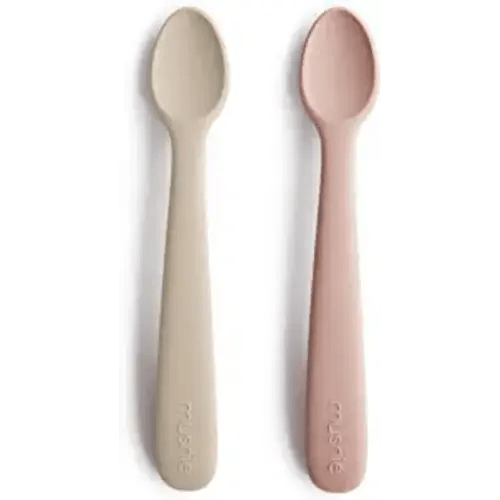 Mushie Silicone Toddler Starter Spoons 2-Pack (Blush/Shifting Sand)