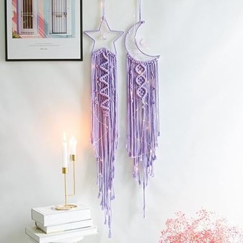 Styleonme Star Moon Macrame Wall Pediments, Star Moon Dream Catcher, Boho Decor, Teen Girls Room Decor, Textile Wall Decor, Gifts for Mom, Gifts for Women, Gifts for Girls