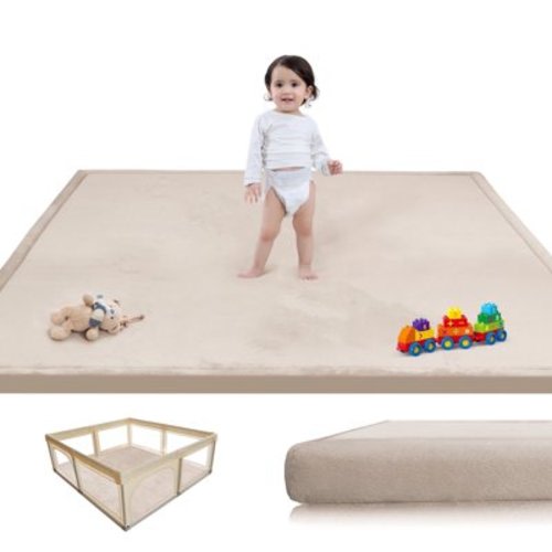 Baby Play Mat for Floor,1.3" Thick Memory foam Tummy Time Mat,Soft Coral Velvet Nursery Rug,Extra Large Non Slip Crawling Mat for Toddlers,Infants,Tatami Mat for Living Room(Beige,39"X59")