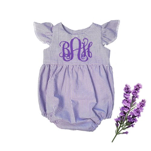 baby girl seersucker romper, purple and white monogrammed bubble romper, great for spring and summer baby showers and new baby gifts