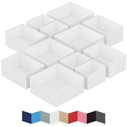 NEATERIZE Drawer Organizer - [Set Of 12] - Closet Organizer and Storage Baskets| Foldable Cloth Drawers Divider | Fabric Bin For Dresser & Shelves |Organize Underwear, Socks, Bra, & Tie’s (White-Grey)