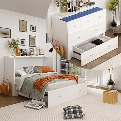 ECACAD Multi-Functional Murphy Cabinet Bed, Full Size Bed Frame Murphy Bed Chest with Built-in Power Strip & 3 Drawers, Full Foldable Platform Bed, White