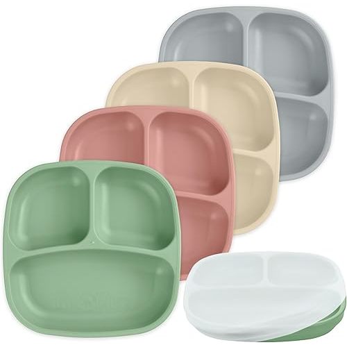 Re-Play Toddler Plates with Dividers & Silicone Lid - Deep-Walled 3 Compartments Divided Plates for Kids - Dishwasher/Microwave Safe - Made in USA - Set of 4-7.37" x 7.37" x 1.25" - Desert Sands
