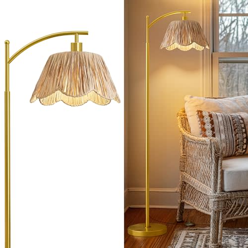 Oneach Arc Floor Lamp for Living Room,Rattan Boho Floor Lamp with Hand-Woven Wicker Shade, Foot Switch,Gold Metal Base & Pole,Farmhouse Standing Lamp for Bedroom Corner,Reading