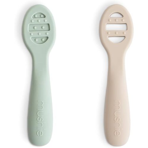 mushie Silicone First Feeding Baby Spoons | 2 Pack (Cambridge Blue/Shifting Sand)