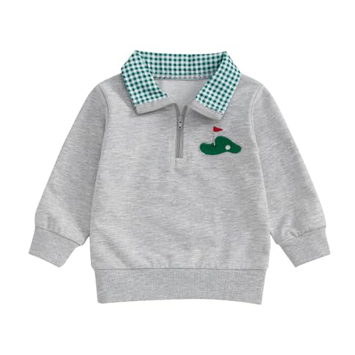 Dewadbow Toddler Baby Boy Golf Outfit Long Sleeve Hole In One Embroidery Polo Sweatshirt Plaid Lapel Quarter Zip Pullover Top