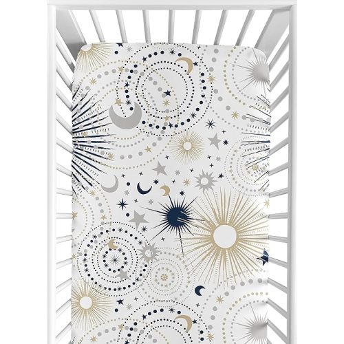 Sweet Jojo Designs Star and Moon Boy or Girl Fitted Crib Sheet Baby or Toddler Bed Nursery - Navy Blue, Gold, and Grey Celestial Sky Stars Gender Neutral Unisex