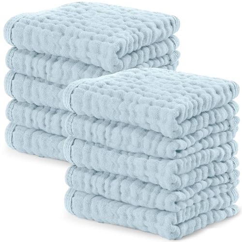 Comfy Cubs Muslin Baby Washcloths 10 Pack - Soft 6-Layer Cotton Wash Cloths for Sensitive Skin - 10"x10" Large, Gentle, Absorbent Infant Essentials for Newborn and Toddlers - Sky Blue
