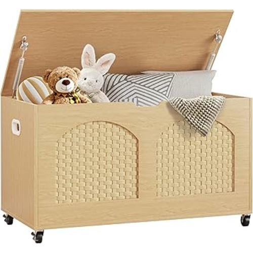 Storage Chest, Rattan-Style Toy Storage Bench with Lid and Wheels, Square Storage Trunk for Entryway, Bedroom, Living Room(Wood)