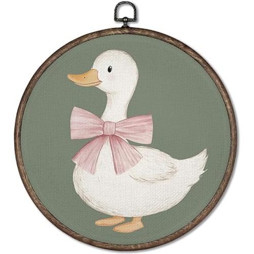 GWFSJYU Sage Green Duck Framed Wall Art, Duck Nursery Decor, Vintage Animal Ducks Round Canvas Prints Wall Art, Pink Bow Ducks Wall Hanging Decor For Bathroom Bedroom Nursery, 10x10inch