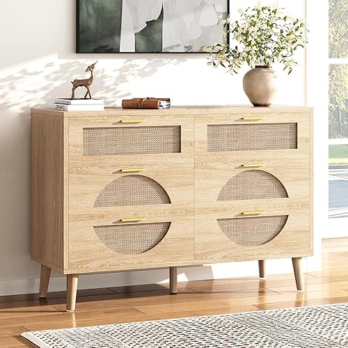 6 Drawer Dresser for Bedroom Modern Boho Rattan Dresser Wood Chest of Drawers with Gold Handles&Wood Legs,Clothes Storage Cabinet,Beside Table for Bedroom,Hallway and Living Room,Natural