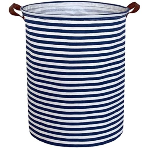Essme Kids Laundry Hamper,Boys laundry basket,Collapsible Bule storage basket with Waterproof PE Coating,Canvas Fabric Nursery Hamper for Kids Room Decor,Gift,Baby Clothing.(Navy Blue stripes)