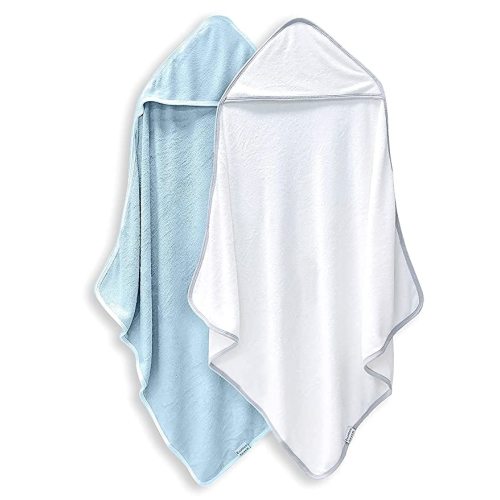 2 Pack Baby Bath Towel - Rayon Made from Bamboo, Ultra Absorbent - Ultra Soft Hooded Towels for Kids - X Large Size for 0-7 Yrs (White and Blue, 37.5 x 37.5 Inch)