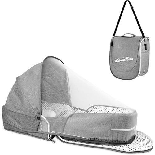 Portable Bassinet for Baby Travel Lounger Foldable Baby Co-Sleeping Bed with Mosquito net + Cool mat Carry Bag & Storage Pocket ()