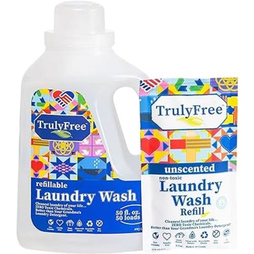 Truly Free Laundry Wash Detergent for Sensitive Skin, Gentle & Safe for Baby Clothes | Plant-Based, Natural Ingredients | Unscented | Include 1 Refillable Bottle (50 Loads)