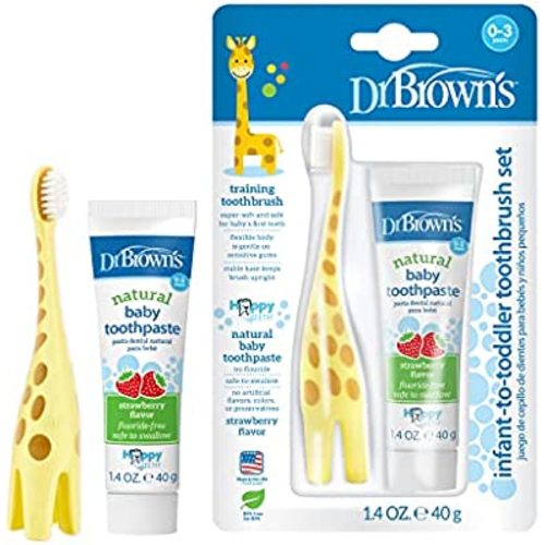 Dr. Brown's Infant-to-Toddler Training Toothbrush Set with Strawberry Fluoride-Free Toothpaste 1.4 oz, Soft for Baby's First Teeth, Giraffe, BPA Free, 0-3 Years