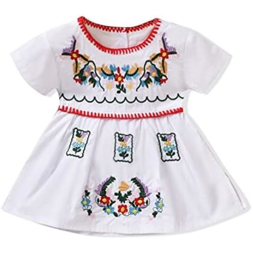 Aalizzwell Toddler Baby Girl Embroidered Dress Ethnic Wear Short Sleeve Sundress