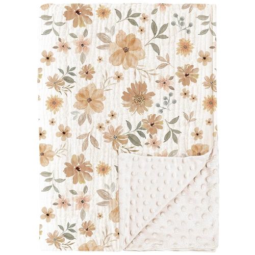 Konssy Baby Blankets for Unisex Boys Girls, Super Soft Nursery Minky Blankets with Muslin Cotton Front and Dotted Fleece Backing, Printed Bed Throws Newborn