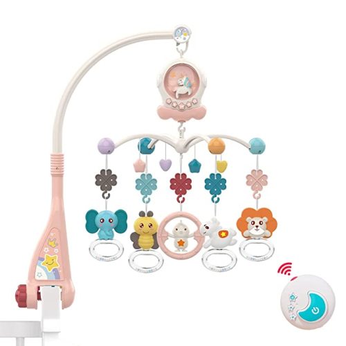 Eners Baby Musical Crib Mobile with Night Lights and Rotation, Rattles, Remote Control,Comfort Toys for Newborn Infant Boys Girls Toddles (Red) - red
