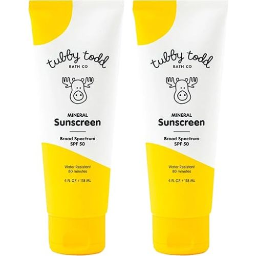 TUBBY TODD Mineral Sunscreen SPF 50 - Broad Spectrum Sunscreen Lotion for Kids - Water-Resistant for 80 Minutes - Safe for Sensitive Skin - Non-Greasy Feel - 2 Pack, 4 Fl Oz