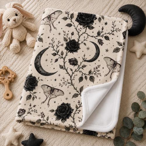 Gothic Baby Blanket or Swaddle, Moon and Roses Baby Blanket, Alternative Baby Shower Gift, Celestial Nursery Decor