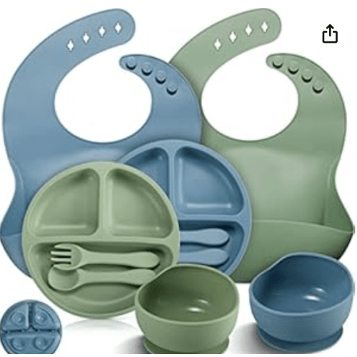 10 Pack Silicone Baby Feeding Set, Toddlers Led Weaning Feeding Supplies with Suction Baby Bowl Divided Plate Adjustable Bib Soft Silicone Spoon Fork, Infant Self Eating Utensil Set (Blue, Green)