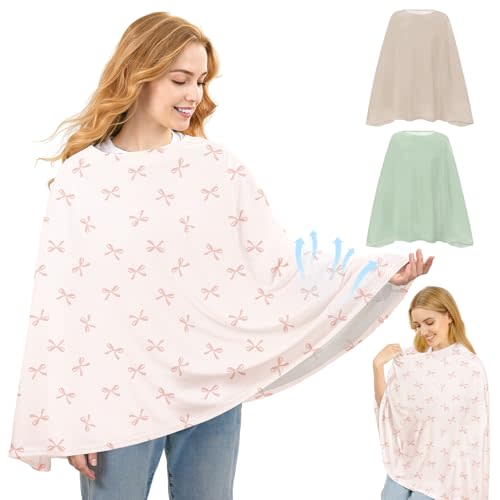 Basumee Nursing Cover for Breastfeeding Breathable Mesh 360 Full Privacy Nursing Wrap Multi-Use Breast Feeding Covers for Women Moms Feeding Essentials, Dusty Pink Bows, 1 Pack