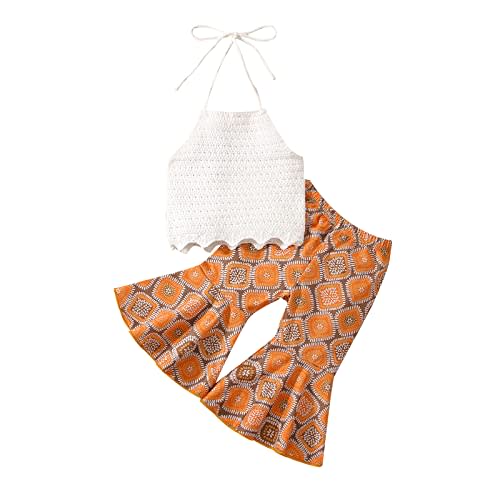 Ursobutegl Toddler Baby Girl Boho Outfits Floral Sleeveless Halter Crop Top Bell Bottom Pants Summer Clothes Set