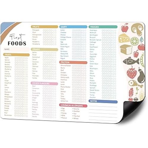 BIROYAL Baby First Foods Tracker Fridge Magnet, Led Weaning Supplies, 12"x8" Dry Erase Daily Food Log, 101 Foods Checklist Before One, Baby Feeding Essentials